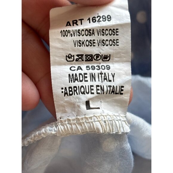 Angela Mara Polka Dot Viscose Button Front Blouse L Pocket Sequins Blue White - Picture 5 of 6